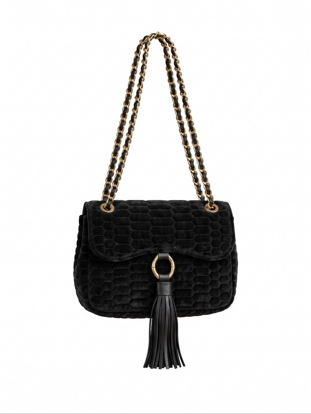 Aimee Kestenberg Black Quilted Velvet And Leather Bag with Gold Chain & Tassels